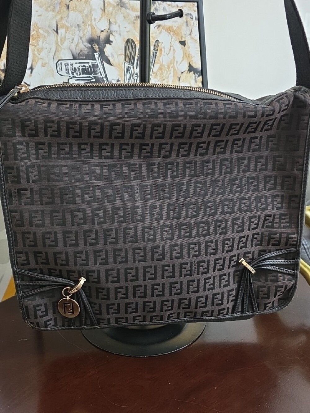 Fendi Zucchino Canvas F Charm Crossbody Messenger Bag with COA